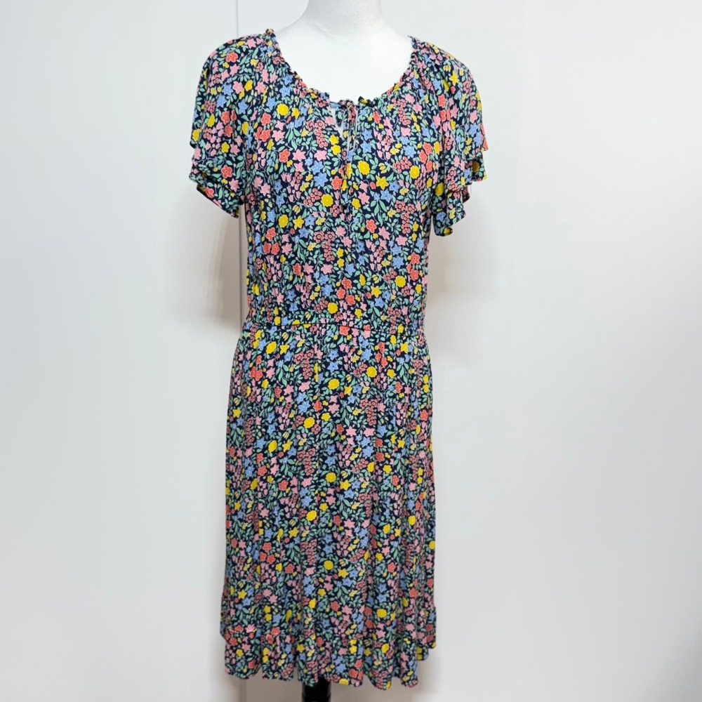 Talbots Dress Womens 12 Blue‎ Floral Midi Flutter Sleeve Elastic Waist Viscose